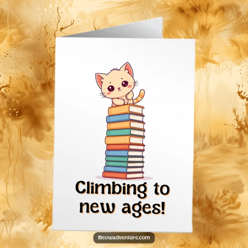 Funny Free Printable Birthday Card showing a determined kitten scaling a massive, precarious stack of books.