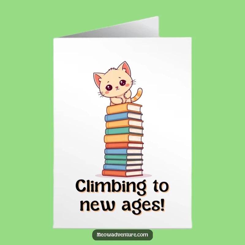 Free Printable Birthday Card: Ambitious Kitten Climbing Books, Downloadable Knowledge Gift