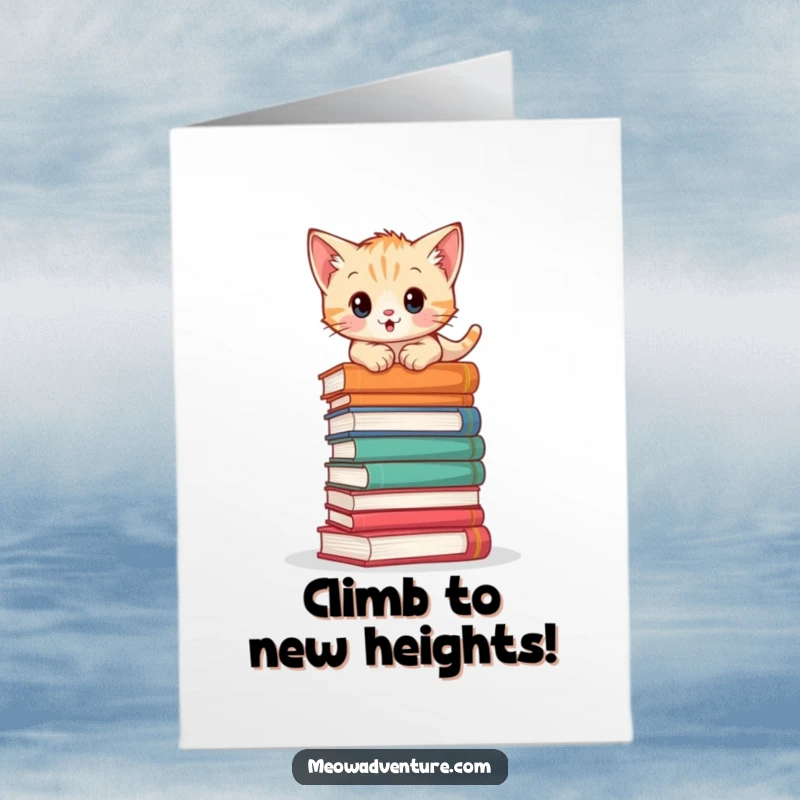 Funny Free Printable Birthday Card: An adventurous kitten precariously climbing a tall stack of colorful books.