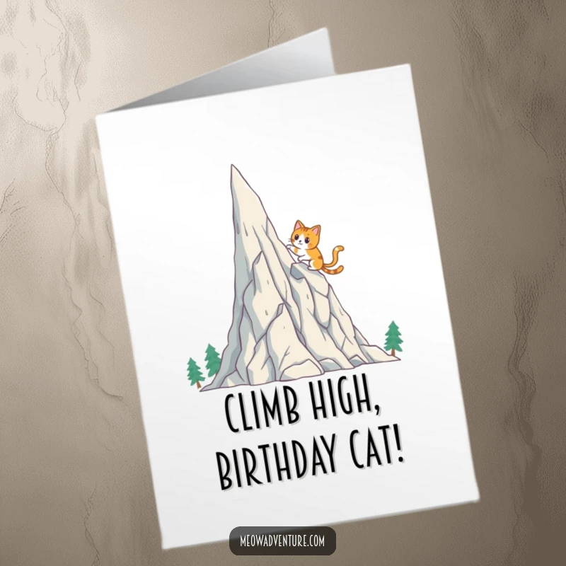 Funny Free Printable Birthday Card: Brave cat determinedly scales a tall, sparkling crystal mountain.