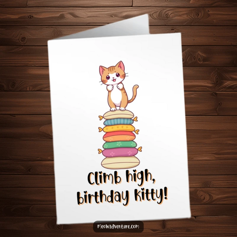 Funny Free Printable Birthday Card: A brave cat boldly scales a tall, teetering stack of colorful cushions, celebrating your big day.