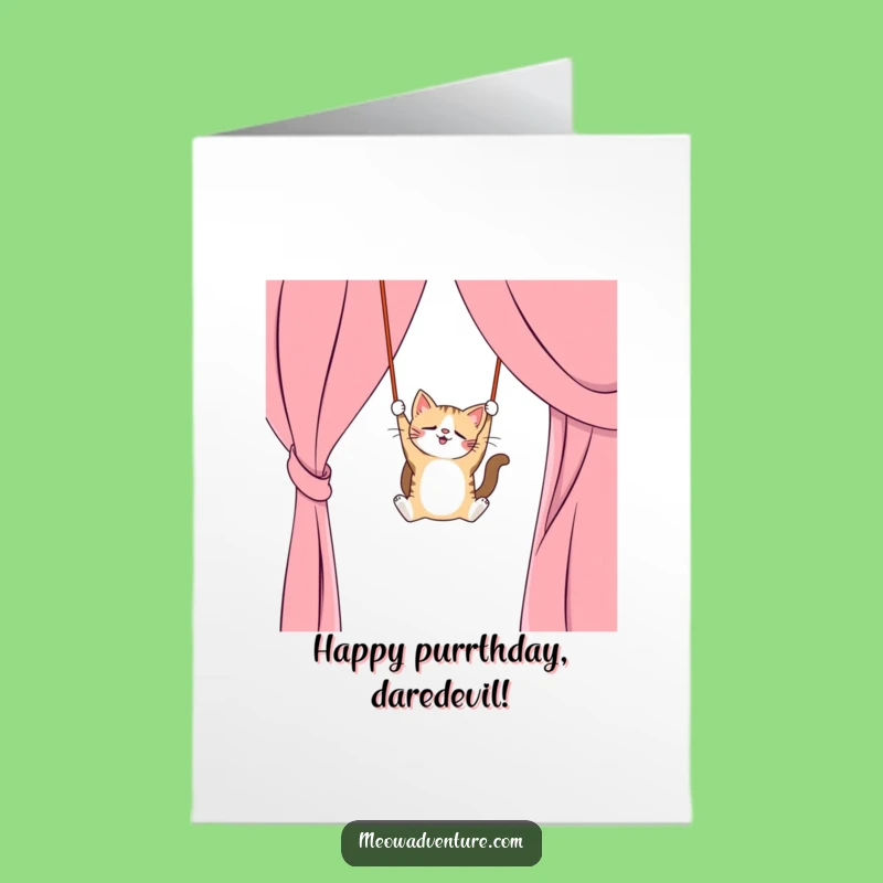 Free Printable Birthday Card: Cat Curtain Swing - Funny Downloadable Acrobat Gift