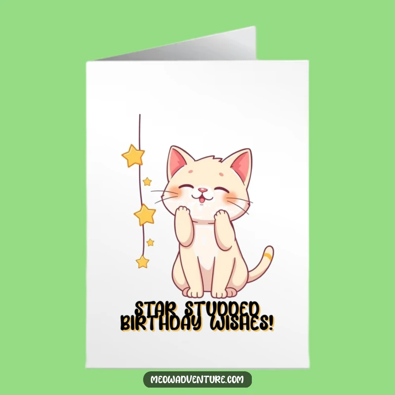 Free Printable Birthday Card: Cat Plays with Stars - Funny Downloadable Gift