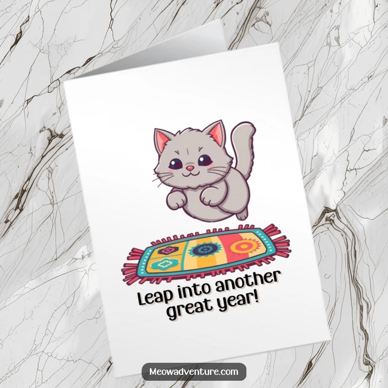 Funny Free Printable birthday card: A fluffy grey cat joyfully leaping onto a vibrantly patterned, colorful rug.