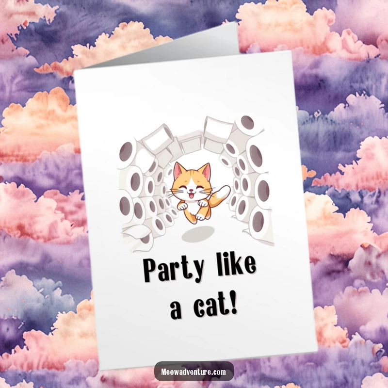 Funny Free Printable Birthday Card: Swift cat dashing through a tunnel of toilet paper rolls, unleashing playful mayhem.