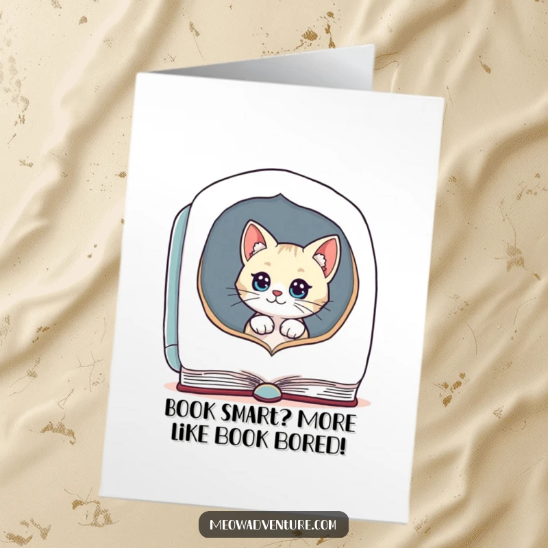 Funny Free Printable Birthday Card featuring a curious cat peeking out of a giant open book, ready for a birthday surprise.