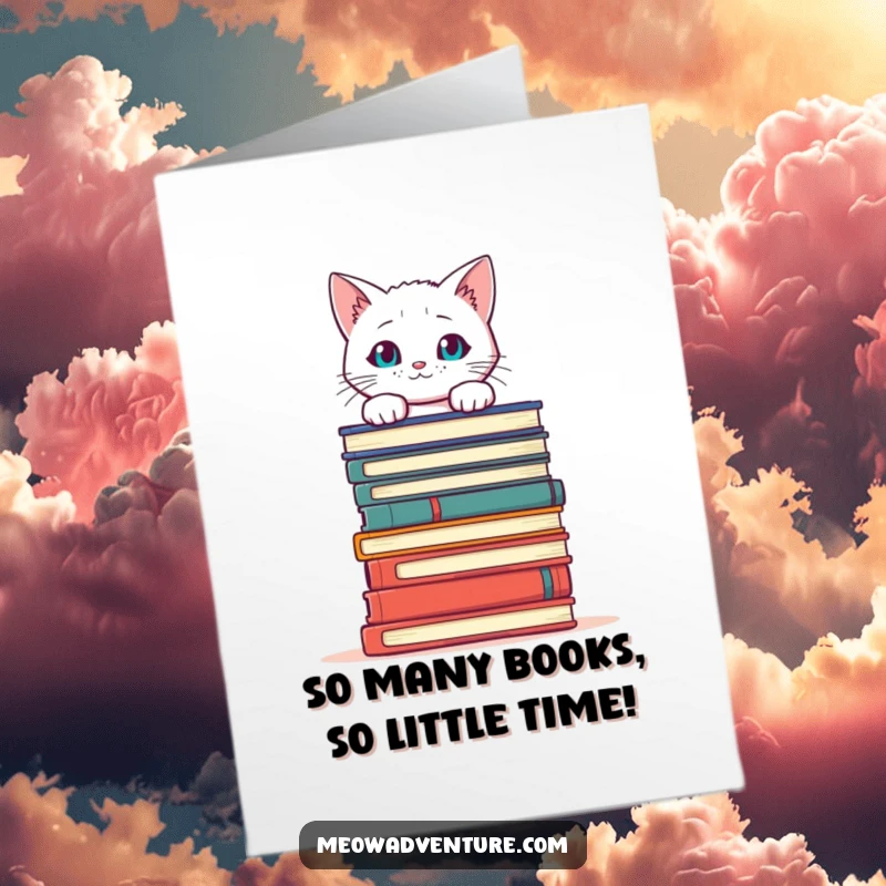 Funny Free Printable birthday card: A curious white cat peeking over a massive, towering stack of colorful books.