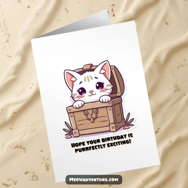 Funny Free Printable Birthday Card: Curious cat peeks mischievously from behind a overflowing treasure chest.