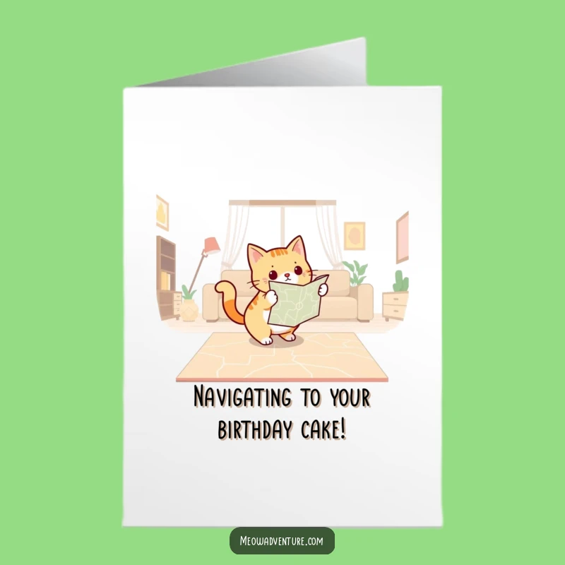 Free Printable Birthday Card: Determined Cat with Map, Adventurous Downloadable Greeting