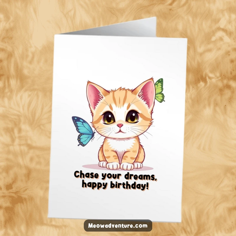 Funny Free Printable Birthday Card: A kitten with intense focus, eyes locked on a delicate, fluttering butterfly.
