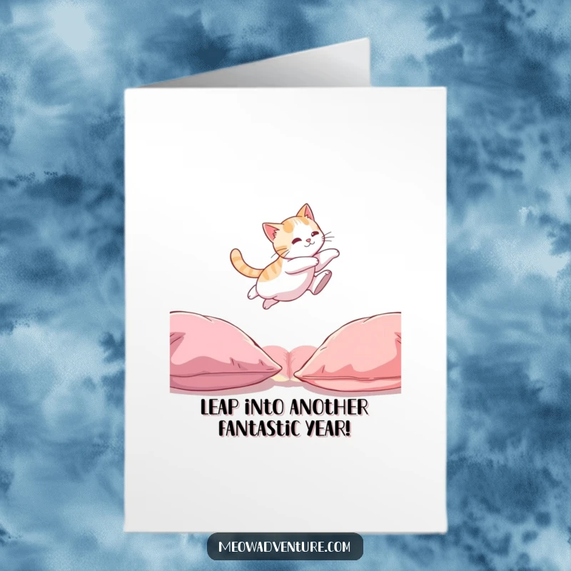 Funny Free Printable Birthday Card: Cat mid-air leap between cushions, expressing athletic prowess and humor.