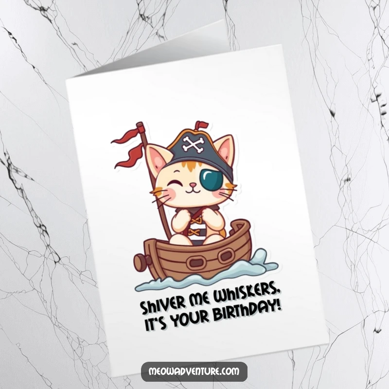 Funny Free Printable Birthday Card featuring a playful cat in a pirate ship, ready for adventure and loot.