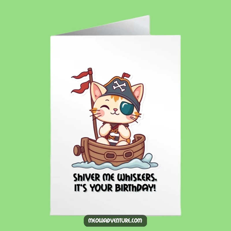 Free Printable Birthday Card: Funny Pirate Cat Sailing Adventure, Downloadable & Fun