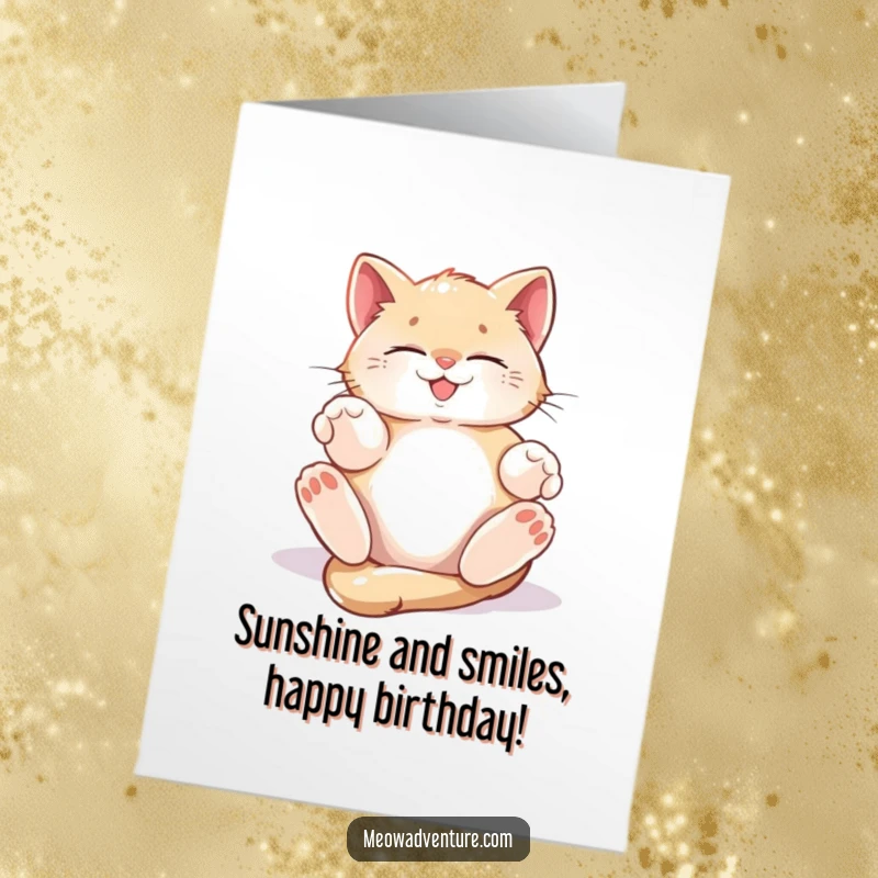 Funny Free Printable Birthday Card: A tiny kitten ecstatically rolling in a warm sunbeam with eyes closed in bliss.
