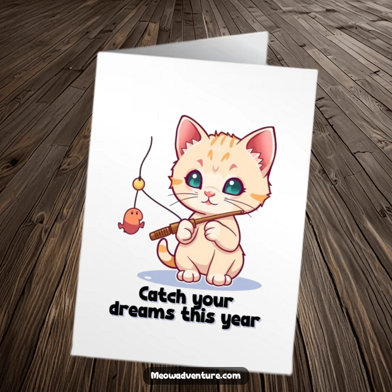 Funny Free Printable Birthday Card: Curious kitten with fishing rod attempts to catch a dangling toy mouse.