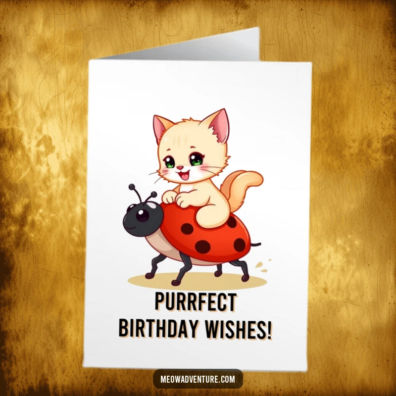 Funny Free Printable Birthday Card: A happy kitten rides a ladybug like a steed, embarking on birthday adventures.