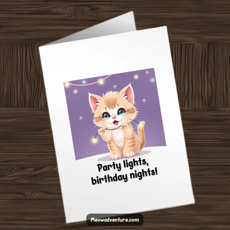 Funny Free Printable Birthday Card: Mischievous kitten playfully batting at a string of twinkling, glowing fairy lights. Festive fun!