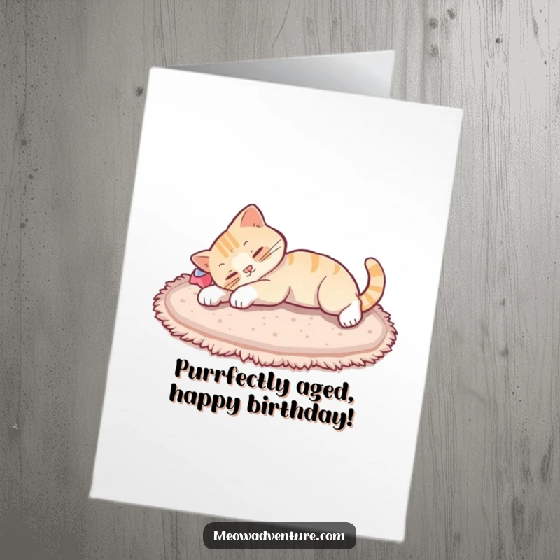 Funny Free Printable Birthday Card showing a cat stretching luxuriously after a nap on a soft rug, looking content.