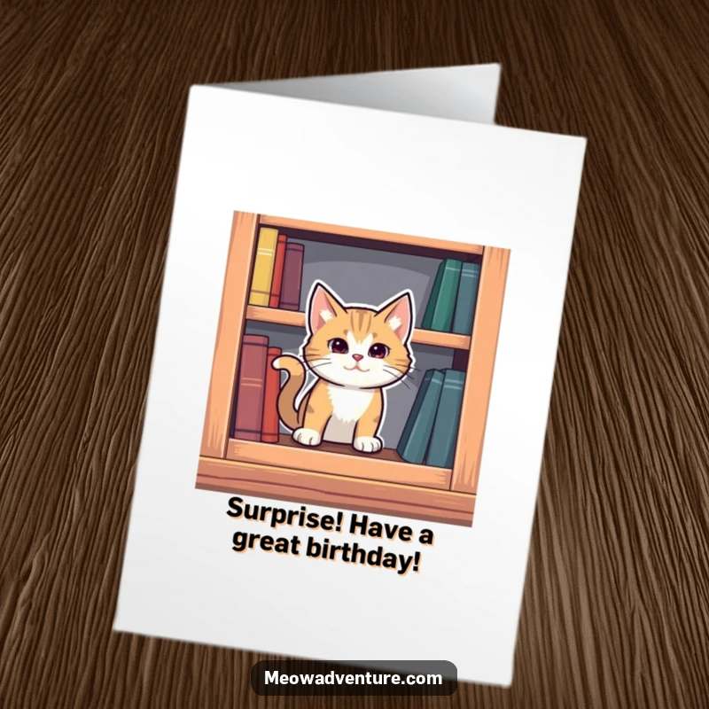 Funny Free Printable Birthday Card: Mysterious cat emerging from a secret compartment in a bookshelf, playing hide and seek.