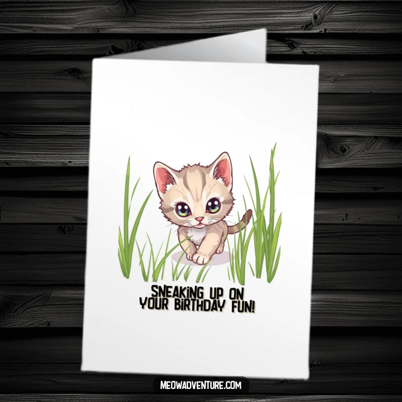 Funny Free Printable Birthday Card: A stealthy kitten tiptoeing through tall grass with wide, alert eyes, on a birthday mission.