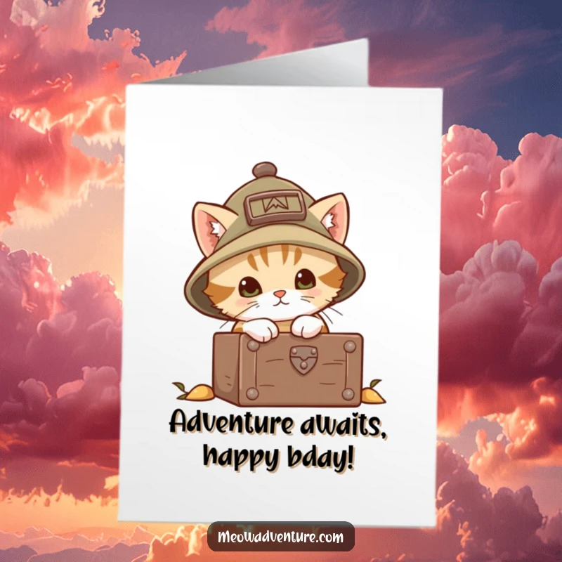Funny Free Printable Birthday Card: A brave kitten in an explorer hat peeking into a treasure chest, seeking birthday riches.