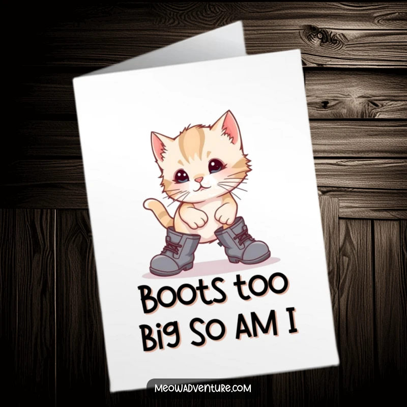 Funny Free Printable Birthday Card: Silly kitten wearing oversized boots, stumbling adorably, ready to deliver birthday cheer.
