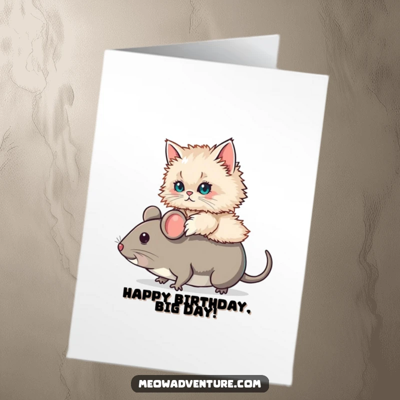 Funny Free Printable Birthday Card: A fluffy Persian cat triumphantly riding a comically oversized toy mouse.