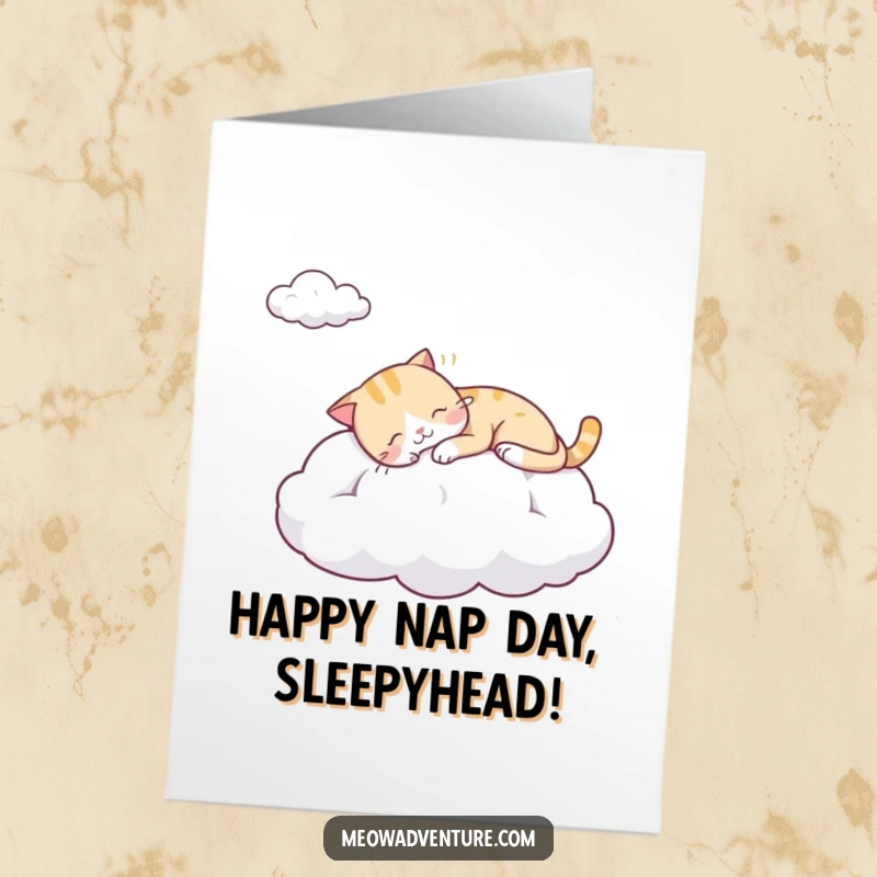 Funny Free Printable Birthday Card: Sleepy cat blissfully naps on a fluffy cloud, a serene and humorous image for a birthday wish.
