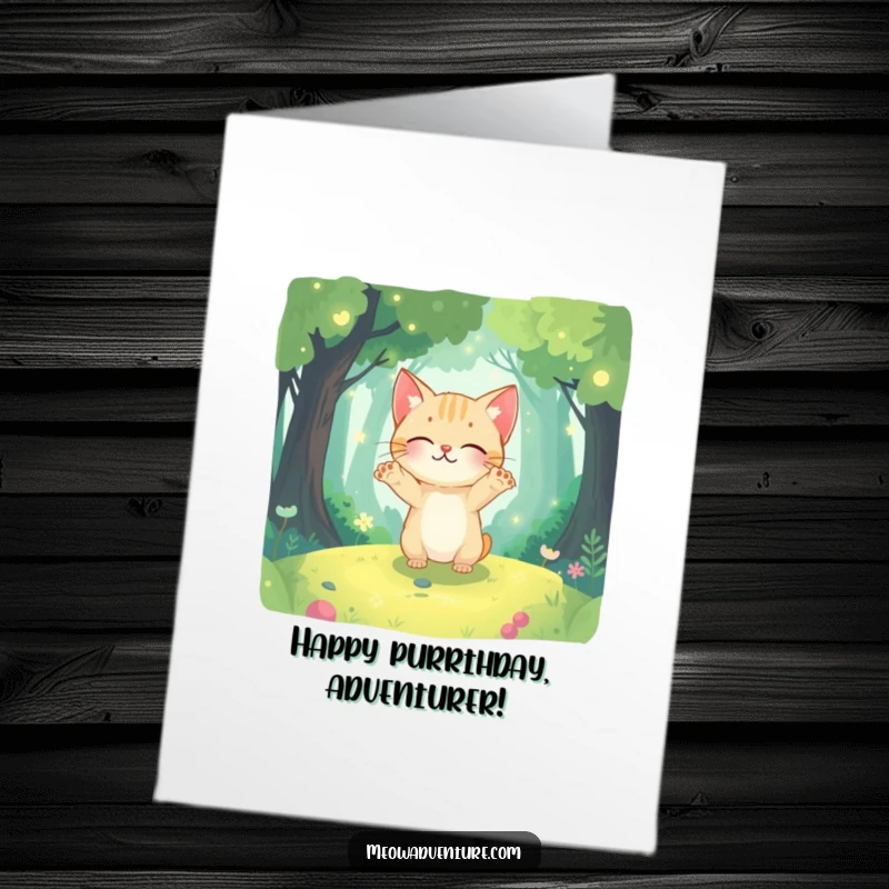 Funny Free Printable Birthday Card: Curious cat with paws outstretched, exploring a magical, glowing forest. Adventurous spirit!