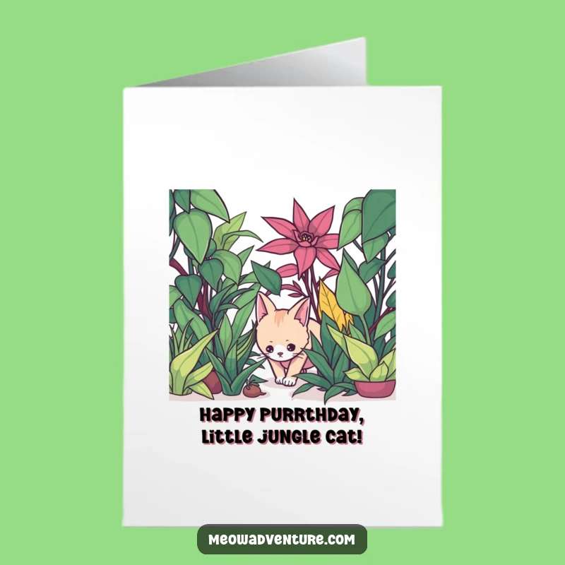 Free Printable Birthday Card: Stealthy Cat Plant Jungle - Funny Downloadable Gift