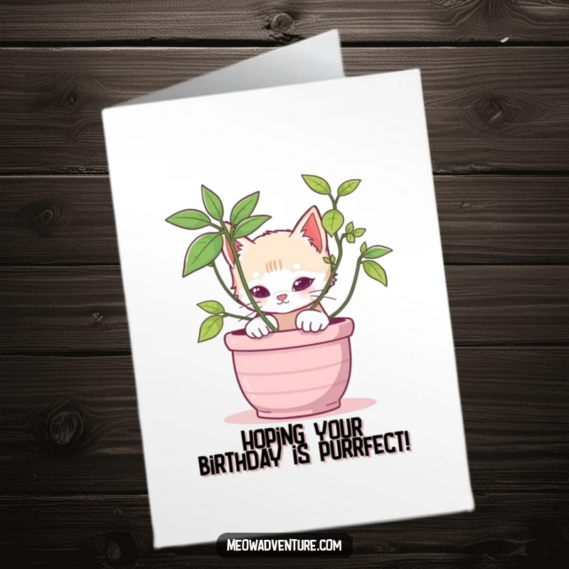 Funny Free Printable Birthday Card: A stealthy kitten with wide eyes peeking out from behind a large potted plant.