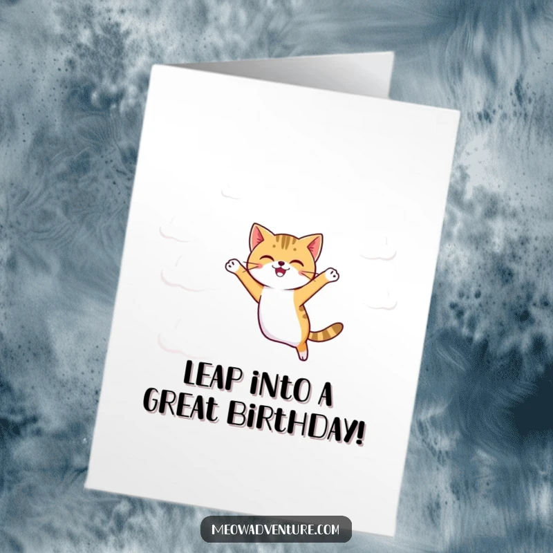 Funny Free Printable Birthday Card: Agile cat jumping between floating cartoonish clouds, embodying joyous freedom.