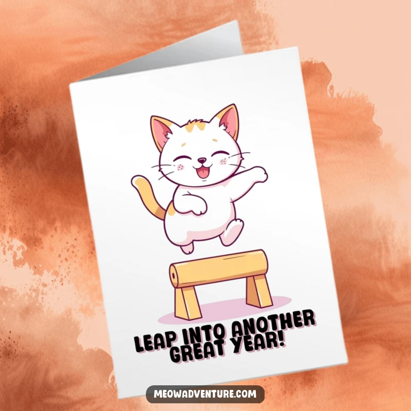 Funny Free Printable Birthday Card: A playful cat leaps gracefully over an unseen obstacle.