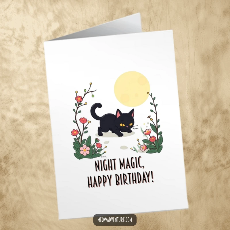 Funny Free Printable Birthday Card: A sleek black cat silently sneaking through a shadowy, moonlit garden.