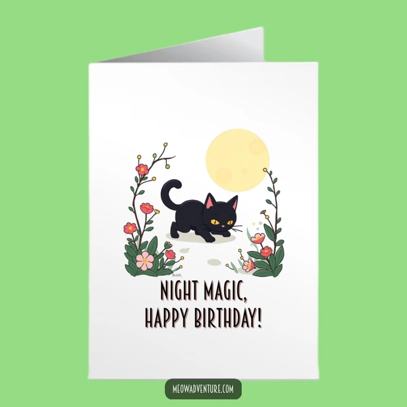 Free Printable Birthday Card: Stealthy Cat Moonlit Garden Funny Downloadable