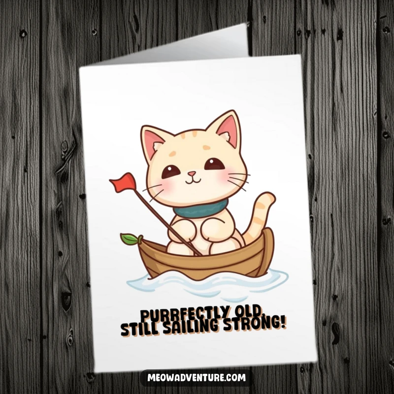 Funny Free Printable Birthday Card featuring a voyaging cat joyfully sailing on a leaf boat, ready for adventure.