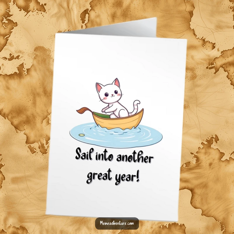 Funny Free Printable Birthday Card: Adventurous cat bravely sails a leaf boat across a puddle, a humorous and whimsical birthday scene.