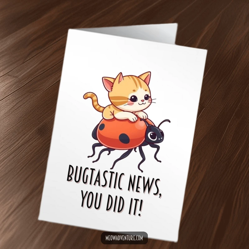 Funny Free Printable Congratulations Card: Mischievous cat on a giant ladybug, a comical and cheerful way to say congrats, print at home.