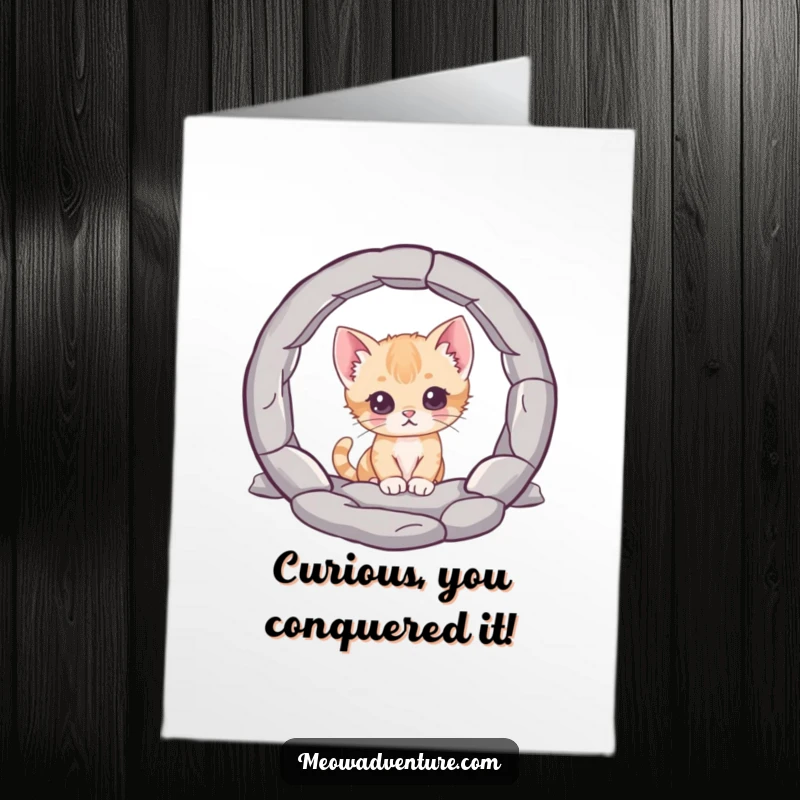 Funny Free Printable Congratulations Card: Curious kitten gazes into a mysterious portal, signifying congratulations on new beginnings and exciting ventures.