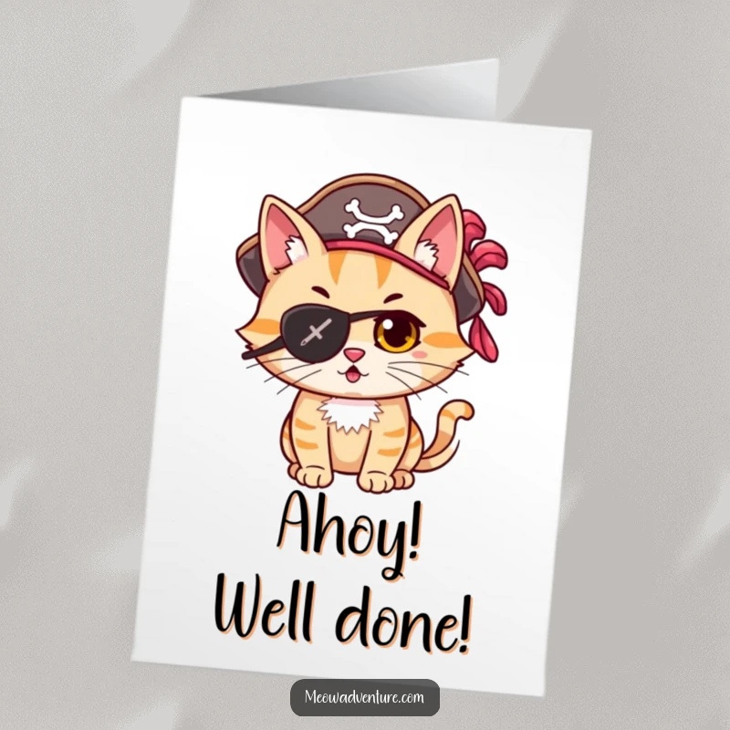 Funny Free Printable Congratulations Card with a mischievous cat pirate, celebrating a grand achievement.