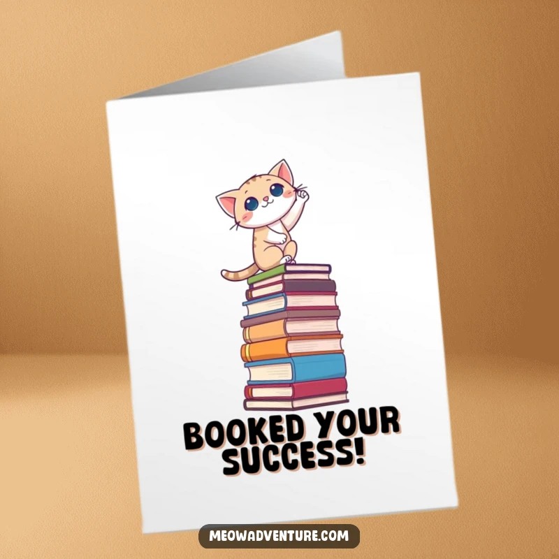 Funny Free Printable Congrats Card: A brave cat determinedly scaling a huge stack of books, representing the achievement of great heights.