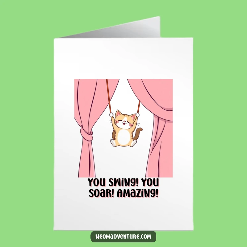 Free Printable Congrats Card: Cat Curtain Swing - Daring Downloadable