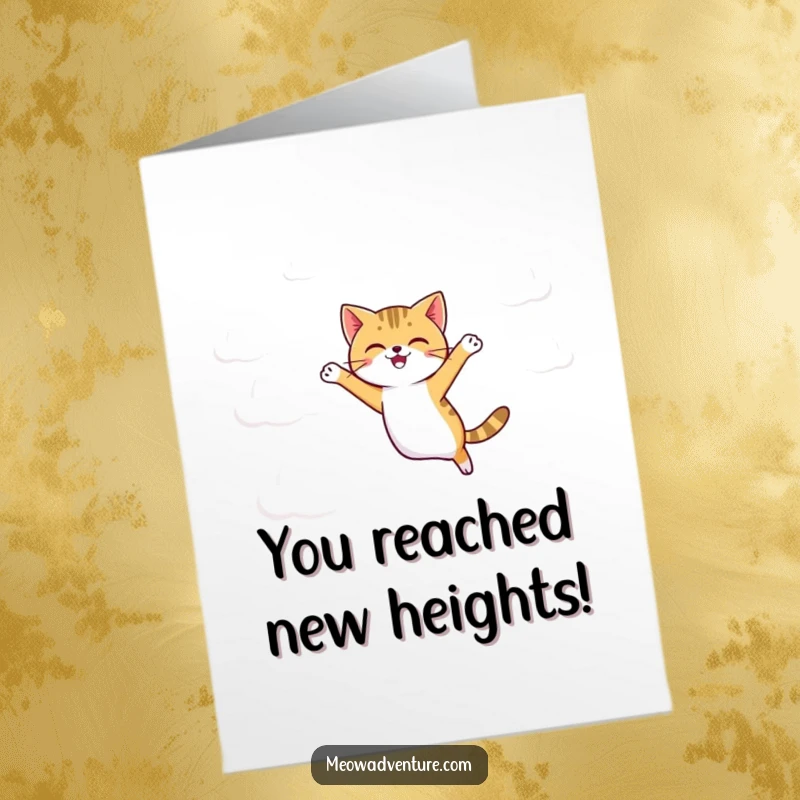 Funny Free Printable Congratulations Card: Agile cat jumping between floating cartoonish clouds, celebrating success and elevation.