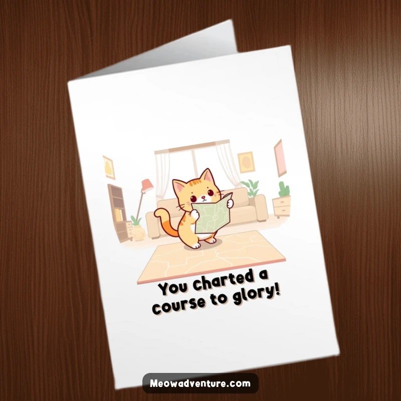 Free Printable Congratulations Card: A determined cat holding a map, plotting a course across a floor, celebrating your victory.