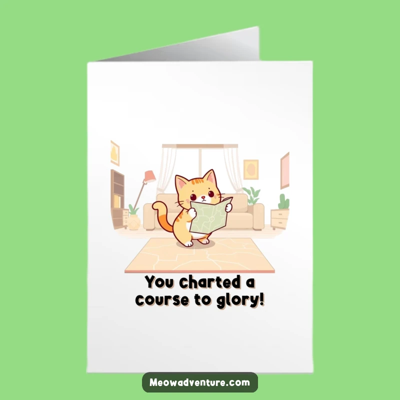 Free Printable Congrats Card: Determined Cat Navigator, Downloadable Greeting for Success