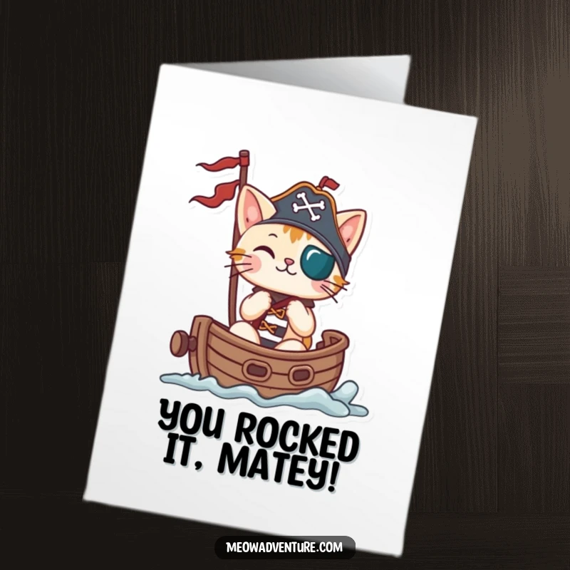 Funny Free Printable Congratulations Card showing a triumphant pirate cat on a ship, celebrating a big win.