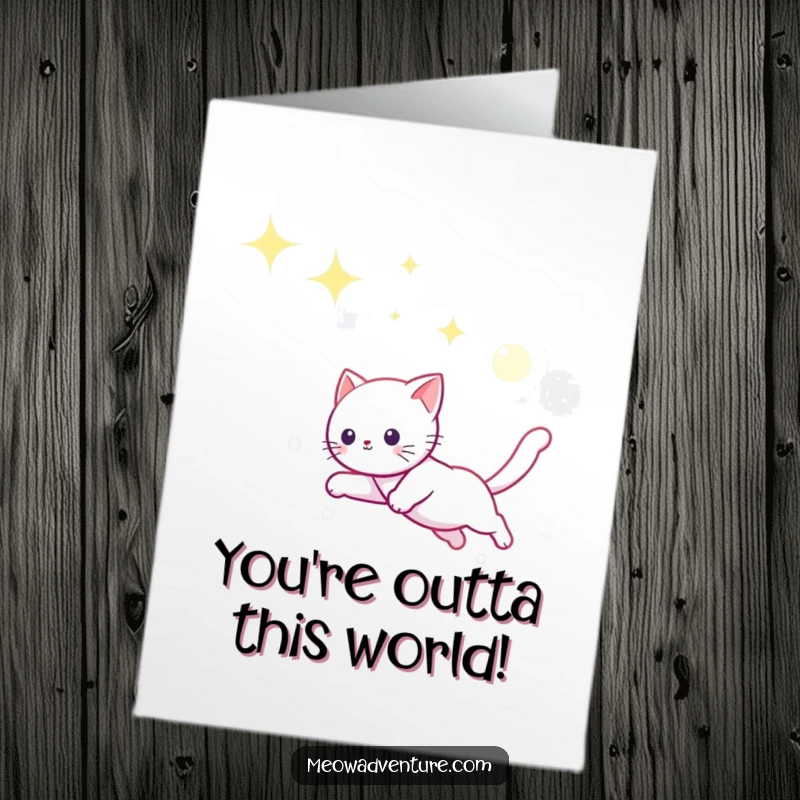 Funny Free Printable Congratulations Card: Playful kitty leaping through stars, chasing a moonbeam, symbolizing achievement. Galactic success!