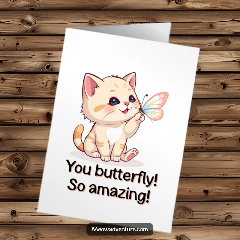 Funny Free Printable Congratulations Card: A playful cat intently bats at a shimmering, magical butterfly, celebrating your amazing accomplishment.