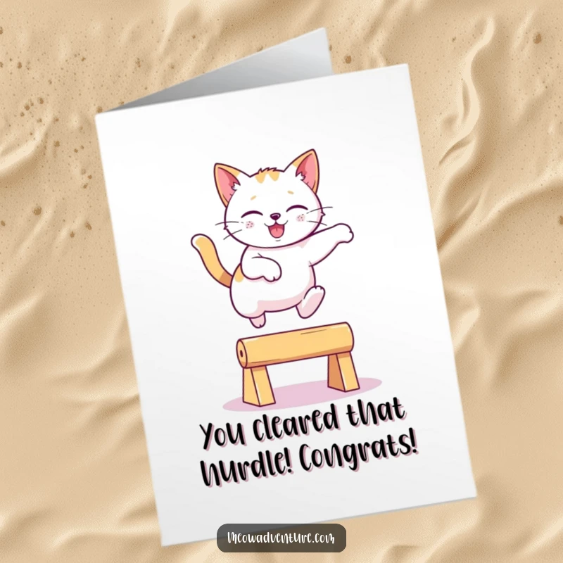 Funny Free Printable Congratulations Card: A cat executes a perfect, graceful leap over an imaginary hurdle.