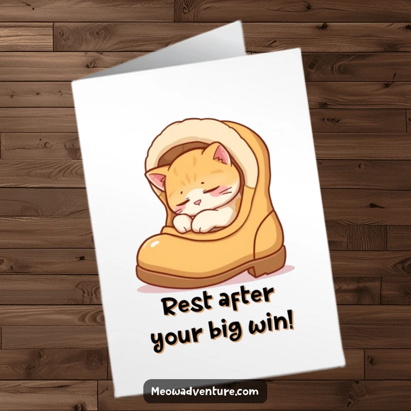 Funny free printable congrats card: A content sleepy cat snoozes peacefully inside a comfortable boot.
